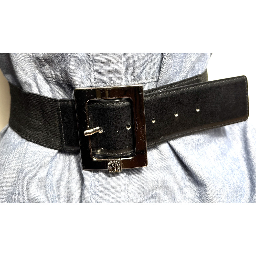 Anne Klein Black Belt Size S/M Wide Stretchy Silver Lion Head Timeless Style GUC